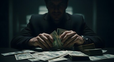 Mysterious individual counting money in dimly lit room for financial conceptual themes