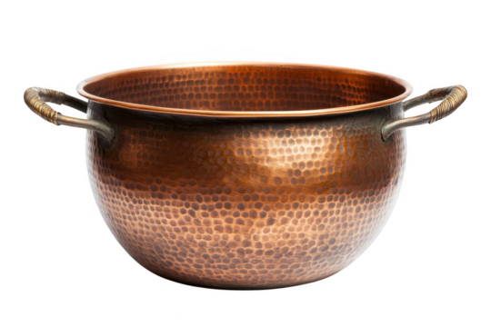 Vintage copper pot, hammered metal cooking vessel, antique kitchenware, rustic home decor, copper bowl, rustic isolated on transparent background