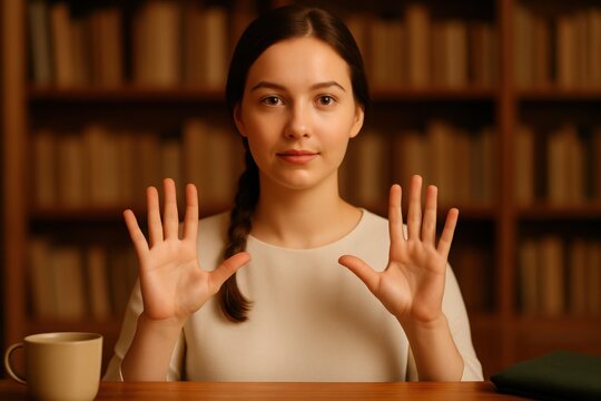 Young woman with braid hairstyle raising hands in sign language at wooden table with blurred bookshelves for International Day of Sign Languages