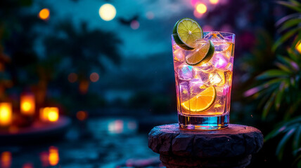 cocktail, drink, citrus, lime, orange, twilight, garden, pool, evening, relaxation, colorful, light, stones, ambiance, nature, party, summer, refreshment, enjoyment, outdoors, decorations, scenery, le