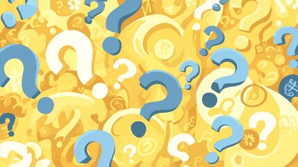 Golden 3d question mark background, flat lay on yellow gradient with copy space, hyperrealistic render for education or marketing concept.