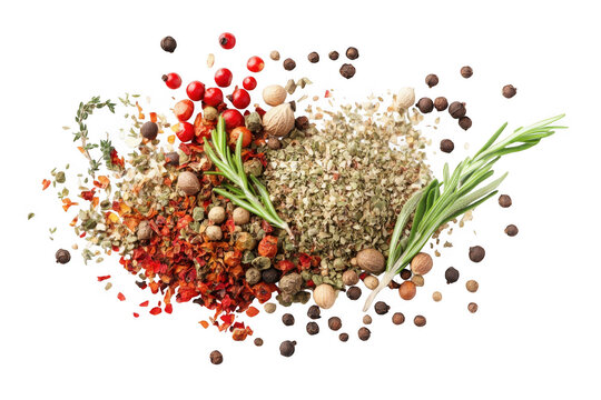 Assorted spices herbs rosemary pepper red pepper flakes salt seasoning cooking ingredients isolated on transparent background