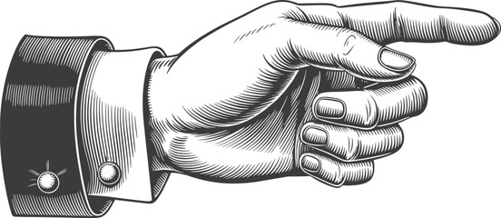 Vintage pointing hand illustration, retro engraving artwork, detailed sketch design, classic human finger gesture symbol, vector etching drawing direction sign