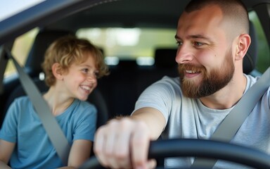 A dad is teaching his child how to drive a car. High quality