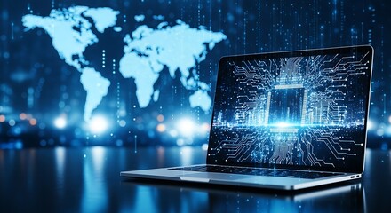 Global technology connection laptop screen displays digital world map network connectivity and data flow