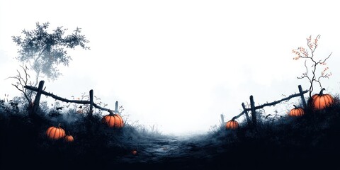 Spooky halloween pumpkins along a foggy path with a rustic fence and bare trees