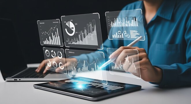 Man analyzing financial data on laptop and tablet with digital interface overlay