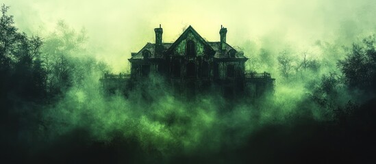 Spooky haunted house shrouded in green mist and fog on a dark and eerie night