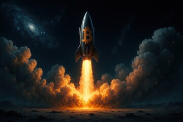 Obraz premium ビットコインロケットが夜空に打ち上げられる様子