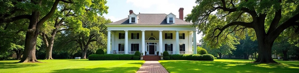 Majestic Antebellum Plantation House Sprawling Lawn, Classic Columns, Picturesque Landscape - Ideal for Historical, Architectural, and Real Estate Imagery
