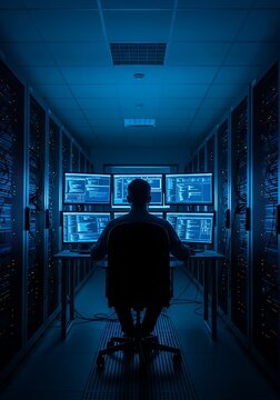 Cybersecurity analyst works late night monitoring security systems with multiple computer screens