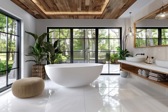 Modern bathroom boasting freestanding bathtub and large windows overlooking garden - Powered by Adobe