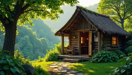 Serene rustic hut nestled amidst lush greenery, perfect for peaceful relaxation and escape  Sunlight streams through the open doorway, illuminating the cozy interior , relaxation, retreat