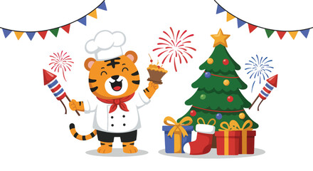 Fototapeta premium Tiger chef celebrating Christmas with fireworks and presents