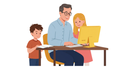 Father Helping Children with Computer Studies illustration featuring support, together, family, internet, keyboard, online