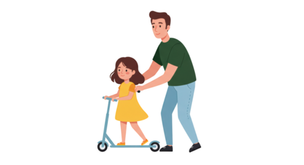 Father teaching daughter to ride scooter 1 illustration featuring cartoon, childhood, assistance, childhood memories, joy,