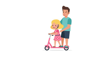 Obraz premium Father Teaching Daughter to Ride Scooter illustration featuring pink, lesson, teaching, protection, kickscooter, dad concept design for