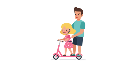 Father Teaching Daughter to Ride Scooter illustration featuring pink, lesson, teaching, protection, kickscooter, dad concept design for
