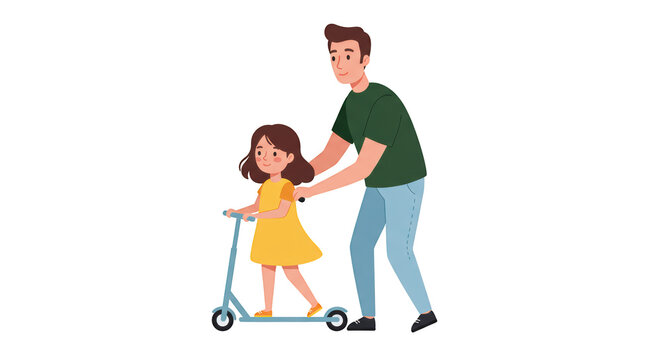 Father teaching daughter to ride scooter 1 illustration featuring cartoon, childhood, assistance, childhood memories, joy,