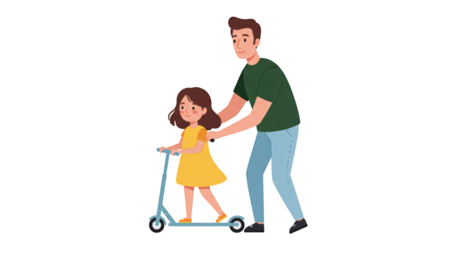 Father teaching daughter to ride scooter 1 illustration featuring cartoon, childhood, assistance, childhood memories, joy,
