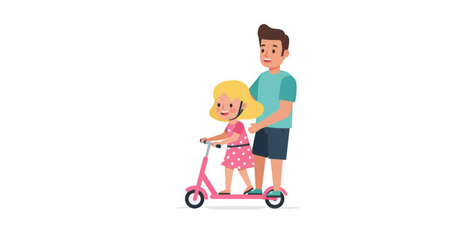 Father Teaching Daughter to Ride Scooter illustration featuring pink, lesson, teaching, protection, kickscooter, dad concept design for - Powered by Adobe