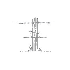 A rustic hand-drawn illustration of a wooden fence post with barbed wire, set against a simple white background, evokes feelings of rural life and rustic charm.