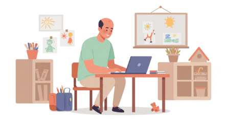 Father working from home on a laptop in a cozy room with childrens drawings illustration