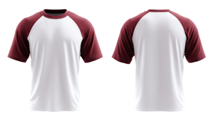 Front and back view of a white t-shirt with maroon raglan sleeves (1)