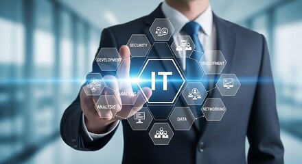 Businessman interacting with glowing digital interface showcasing it network and technology symbols on screen