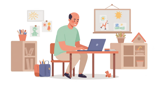 Father working from home on a laptop in a cozy room with childrens drawings illustration