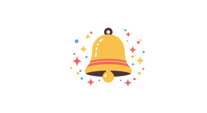 Festive yellow bell icon with colorful sparkles illustration featuring sign, update, colorful, design, illustration, communication concept design for