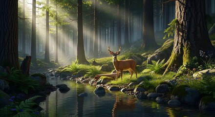 Majestic deer in the sunlit forest near a stream nature scene