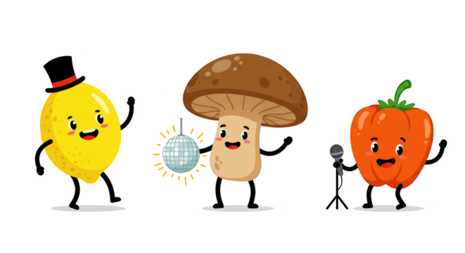 Funny Cartoon Food Characters Dancing Together illustration featuring singing, lively, group, illustration, vegetable, performance - Powered by Adobe