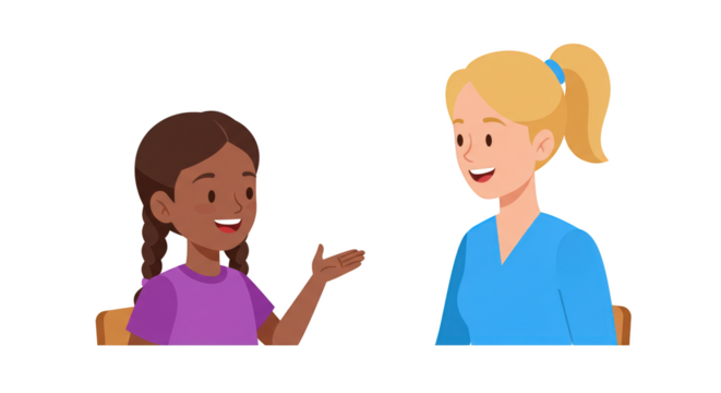 Girl and Teacher Talking Illustration illustration featuring child, children, education, interaction, kids, illustration concept design for modern