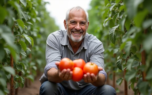 Portrait of smiling senior farmer crouching between isles at tomato plantation and showing ripe tomatoes at camera. High quality
