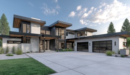 A modern, light-filled home with a sleek, contemporary design sits atop a paved driveway, showcasing a spacious entryway.