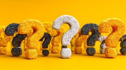 Golden 3d question mark background, flat lay on yellow gradient with copy space, hyperrealistic render for education or marketing concept.