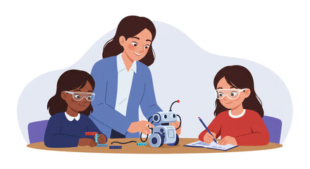 Girls Building Robot with Teacher in STEM Class illustration featuring lesson, building, critical-thinking, classroom, problem-solving, construction concept