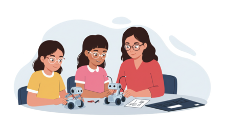 Girls Learning Robotics with Teacher illustration featuring plan, children, design, computer, fun, smiling concept design for modern creative