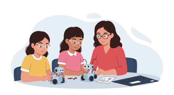Girls Learning Robotics with Teacher illustration featuring plan, children, design, computer, fun, smiling concept design for modern creative