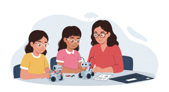 Girls Learning Robotics with Teacher illustration featuring plan, children, design, computer, fun, smiling concept design for modern creative
