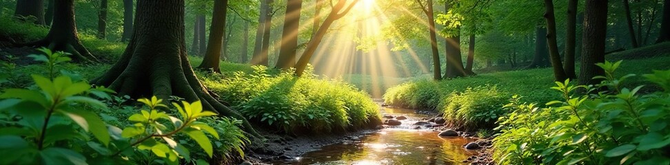 Serene nature scene perfect for meditation; sun dappled forest path, lush greenery, tranquil stream, peaceful atmosphere, ideal for relaxation and mindfulness , forest,  mindfulness