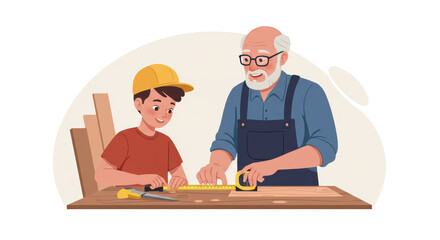 Grandfather Teaching Grandson Woodworking Skills illustration featuring art, hands, image, measuring tape, family, hobby concept