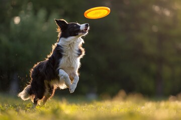 energetic border collie jumping high to catch frisbee outdoor pet sport activity concept of healthy lifestyle agility training playing fetch with dog in park field