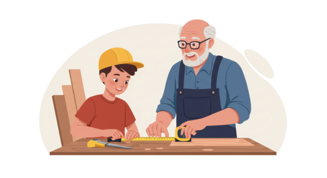 Grandfather Teaching Grandson Woodworking Skills illustration featuring art, hands, image, measuring tape, family, hobby concept