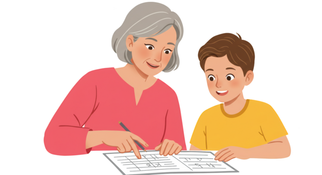 Grandmother Teaching Young Boy Homework illustration featuring vector, young, happy, smiling, generation, relationship concept design