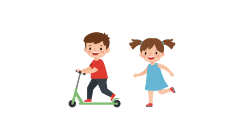 Happy Boy and Girl Playing Outdoors Scooter Fun illustration featuring isolated, scooter, kids, illustration, lifestyle, adorable concept design