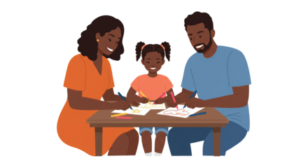 Happy Black Family Drawing Together at a Table illustration featuring together, togetherness, girl, marker,