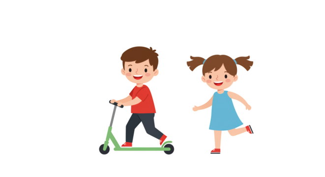 Happy Boy and Girl Playing Outdoors Scooter Fun illustration featuring isolated, scooter, kids, illustration, lifestyle, adorable concept design