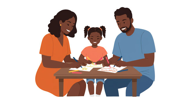 Happy Black Family Drawing Together at a Table illustration featuring together, togetherness, girl, marker,